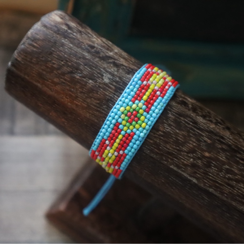 Blue Aztec Beaded Bracelet with red and yellow accents